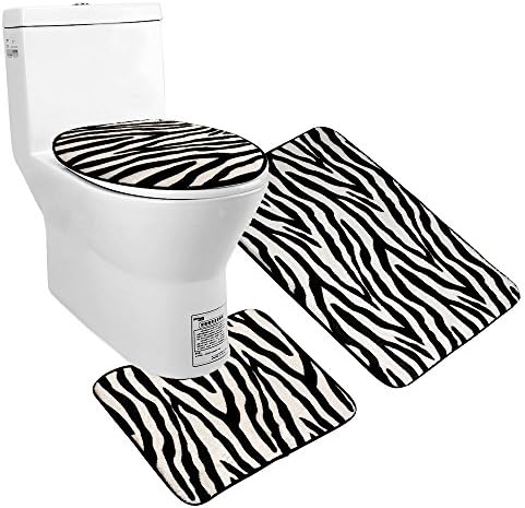 Uomere 3 Piece Black White Zebra Bathroom Mat Set ( Contour Rug + Bathroom Carpet + Toilet Cover )