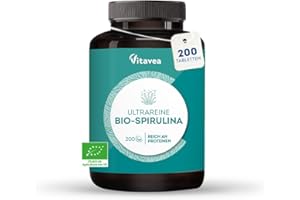 ‎VITAVEA Super Spirulina BIO - 200 Spirulina Tabletten von 500 mg - Reich an Proteinen, Phycocyanin, Eisen, Antioxidantien - Ohne Zusätze - Immunsystem, Müdigkeit - Vegan - Vitavea
