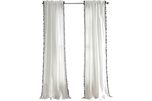 Lush Decor Pom Curtain | Textured, Solid Color Vintage Chic Style Window Panel for Living, Dining Room, Bedroom (Single), Black, 50" W x 84" L