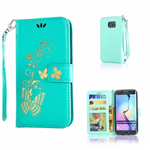 Galaxy S6 Edge Hülle Ledertasche [mit Frei Hartglas Displayschutzfolie], KKEIKO® Schutzhülle PU Leder Tasche Hülle Case für Samsung Galaxy S6 Edge, Wickelfalz Handyhülle mit Bändselloch Standfunktion Karteneinschub und Magnetverschluss, Kratzfeste Lederhülle Flip Wallet (Schmetterling #1)