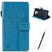 Produktbild HUAWEI Honor 7 Hülle, Feeltech Premium Design PU Leder Beschützer Haut Schutzfolie Tasche, Geprägte Baum Katzen Schmetterlings Blumen Muster [with Free Stylus Pen] Kartenfächer Kreditkarte Holder Stand Funktion Magnetverschluss Bookstyle Flip Wallet Handyhülle für HUAWEI Honor 7 - Blau