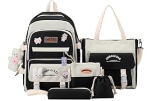LENGENDER Juego de 5 mochilas kawaii con bolsa de almuerzo y estuche de lápices, bolso de mano, monedero para adolescentes, niñas, frescas y dulces, Negro