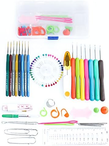 Crochet Hook Set [75 PCS] ,PEMOTech Ergonomic Soft Rubber Grip Handle and Aluminum Knitting Needle Weave Yarn Set for Arthritic Hands With Organizer Case and Complete / Accessories /Crochet Kit, Perfect for Any Patterns &amp; Yarns, Good choice for Beginner, Best Christmas Gift.