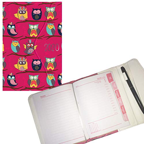 Agenda de 2020, tamaño A6, cierre magnético, diseño de búhos, color rosa