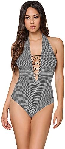 Sexy Lingerie - Striped V-Neck Cross Hanging Neck Sleeveless Halter Slinky Siamese Mini Lingerie Pajamas , gray , m