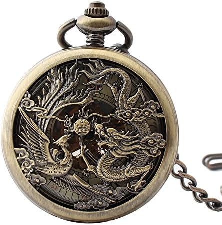 Lekima Pendant Pocket Watch Dragon Phoenix Engraved Roman Numeral Skeleton Mechanical Movement Automatic Clamshell Ethnic Style Single Alloy Chain Classical Gift For Men Women