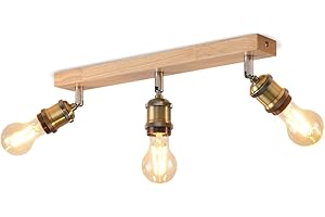 LVWIT Faretti LED da Soffitto Orientabili Retrò, Faretto da Interno con 3 Lampadine LED E27, Base di Legno, Faretti Soffitto Retrò per Barra, Salotto,Cameretta, Cucina (Lampadine Escluse)
