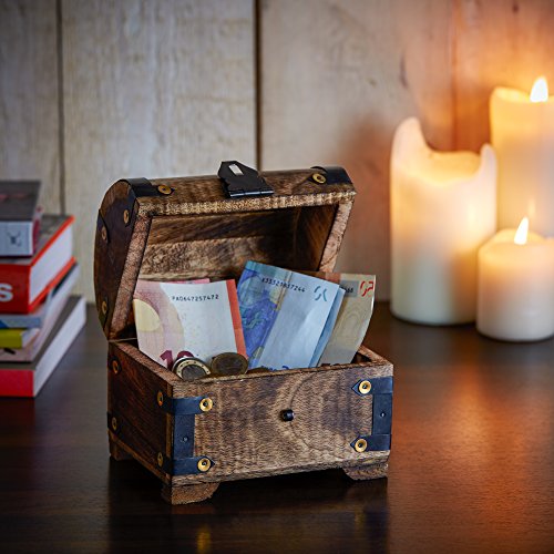 Holztruhe (Holzkiste) als Schatztruhe – mit Gravur zur Hochzeit – Unser Hochzeitsschatz – Schmuckkästchen, Aufbewahrungsbox, Bauernkasse oder Spardose – dunkles Holz- 14 cm x 11 cm x 13 cm - 3