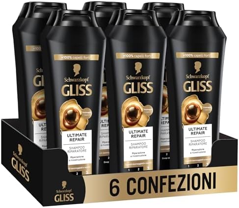 Schwarzkopf Gliss Ultimate Repair Shampoo Riparatore, 6 confezioni da 250ml, Shampoo con Keratina Liquida ed Estratto di Perla Nera, Trattamento alla Cheratina per capelli danneggiati e secchi