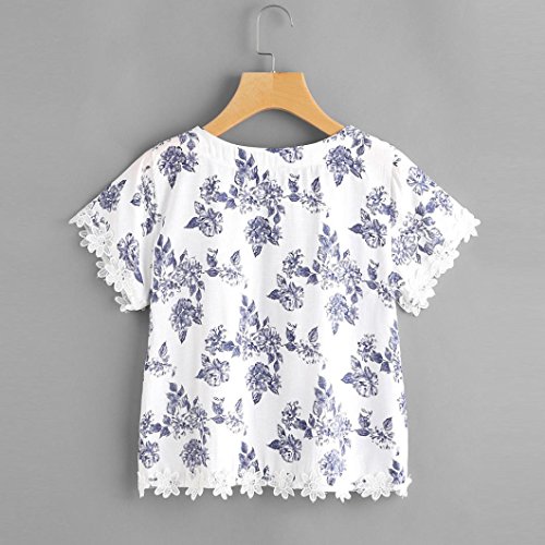 Damen Bluse Internet Gestickte Kurzarm Blumendruck Bluse (L, Weiß) - 3