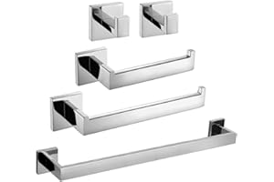 ThinkTop Bathroom Accessory Set, Stainless Steel Chrome Finish Wall Mount Square, 5-Piece Bath Collection Set Towel Ring Hanger, 24 Inch Towel Bar Rack, Toilet Roll Holder, 2 X Robe Hooks