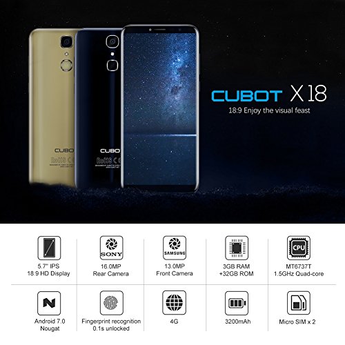 Cubot X18 4G Smartphone Ohne Vertrag (5.7 Zoll (19cm) IPS Touch Display Handy, RÃ¼ckseitenkamera 16MP (mit 1000mha LED Blitz), 13MP Frontkamera (weiches Licht selfie), 3GB RAM, 32GB Speicher, UnterstÃ¼tzung 128GB TF-Karte Expansion, 3200 mAh Batterie, Dual SIM Karten Dual Standby) Blau