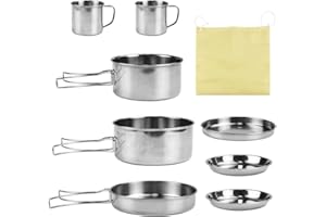 Kleemeiero 8PCS Kit de Casseroles Camping Cuisine de Camping en Acier Inoxydable 410 Vaisselle de Camping Batterie Cuisine Camping Inoxydable Cookware Kit pour Ourdoor Pique-Nique Camping Randonnée