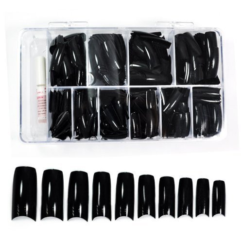 BF New Colored French Acrylic Nail Tips with Tip Box & Glue For Nail Extensions Nail Art Display (500pcs) - Black