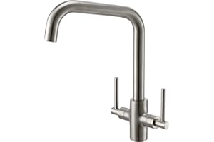 Brushed Steel Kitchen Tap Peppermint Dual Lever Kitchen Mixer Taps 1 Hole Brushed Nickel Sink Taps Mixer Monobloc Square Taps for Sinks Traditional