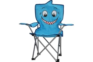 idooka Kids Folding Deck Chair with Carry Bag for Camping, Beach, Garden, Fishing - Cute Animals Design in Shark - Strong Portable Plastic Chairs for Children up to 50kg