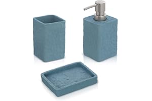 Inbagno Accessori Bagno in Set Completo 3 Pezzi Effetto Pietra Turchese Cobalto, Kit Accessori appoggio, Include Dispenser, portaspazzolini e portasapone in Resina (Set 3)