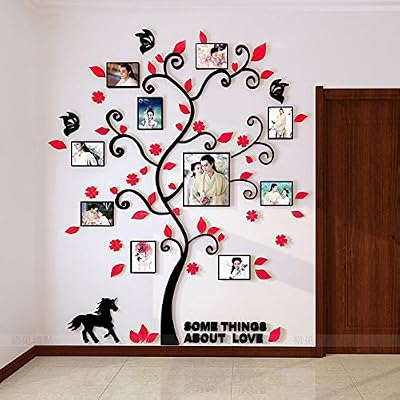 Asvert Alicemall Sticker Arbre Cadre Photo Sticker Mural 3d Décoration Mural Chambre Autocollant Mural 3d (style 3(feuilles rouges))
