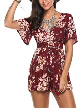 Meaneor Damen Sommer Jumpsuit Blumen Playsuit Kurzer Overall mit floralem Druck Strandoverall V-Ausschnitt