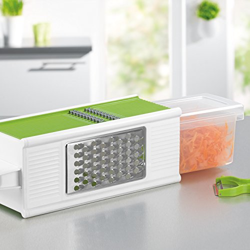 Vierkantreibe – Hochwertige Würfelreibe mit praktischer Auffangschale + Sparschäler und Schutzgriff ( 4 Seiten mit unterschiedlichen Klingen & Hobel ) - 2