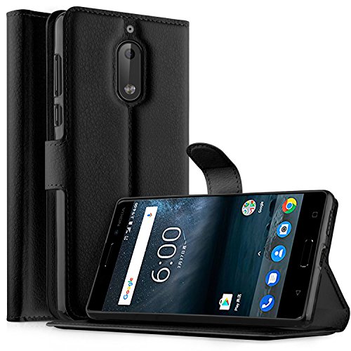 Nokia 6 Custodia - KuGi Lussuosa PU Cover Custodia Protettiva Portafoglio da Mano per Nokia 6 Smartphone (Nero)
