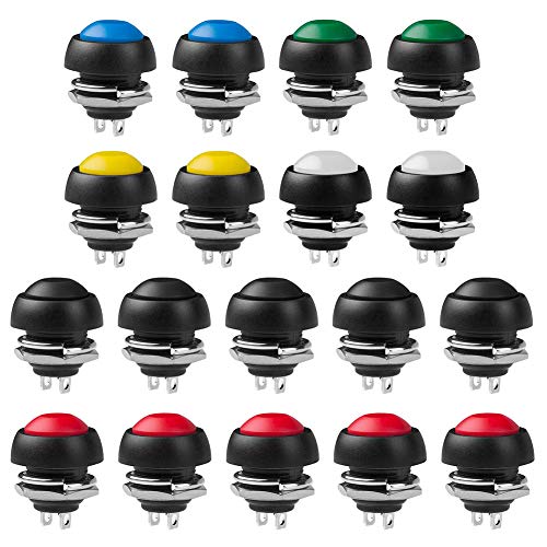 WayinTop 18 Piezas 12mm Interruptor de Botón Momentáneo Prueba de Agua 3A 125V Lockless Botón Pulsador ON/OFF Mini Redondo Botón para Arduino/Salpicadero de Coche/Barco/SPST Moment Switch (6 Colores)