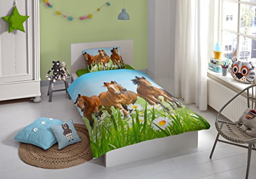 Aminata Kids – liebevolle Mädchen-Kinder-Bettwäsche 135×200 Pferde-Motiv hochwertige Baumwolle Pferde-Bettwäsche-Kinder auf der Wiese - 2
