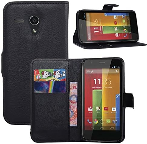 Moto G Case, HualuBro [Kickstand] [All Around Protection] Premium PU Leather Wallet Flip Phone Protective Case Cover with Card Slot for Motorola Moto G 1st Generation (1st Gen) 2013 Smartphone (Black)