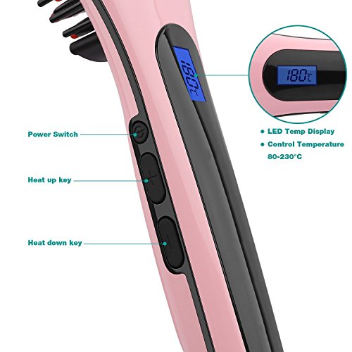 Haarglätter Bürste, Elektrische Digitale Keramik Haarglätter Styling Kamm, Anti statische Elektrizität und Heizung, negative Ion Haarpflege, Message glättende Bügeln, Detangling Haarbürste(pink) - 4