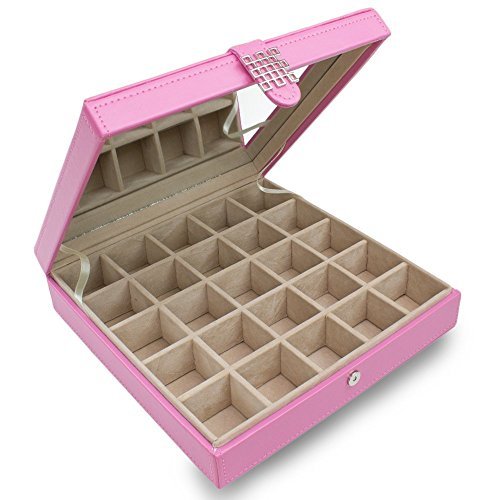 GlenorCo Earring Holder, Classic 25 Section Jewelry Box/Case/Organizer for Earrings, Rings, Necklaces, Jewelry, Cufflinks or Collections. 25 Small Compartments with Elegant Large Mirror, Pink