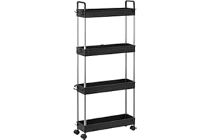 DPWEION 4-Tier Slim Storage Trolley Slide Out Rolling Utility Shelf Rack Storage Cart on Wheels Mobile Shelving Space Organizer for Kitchen/Bathroom/Laundry Room/Office,Plastic & Stainless Steel (Black S)