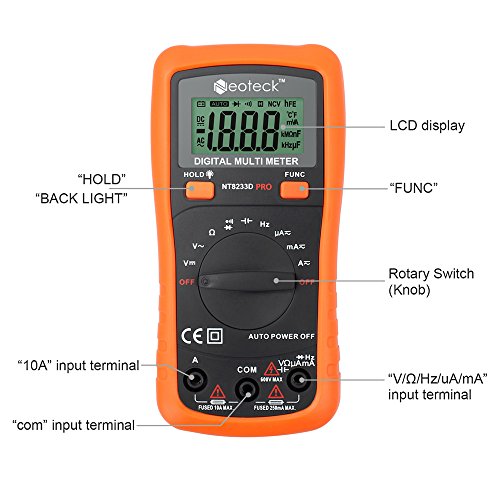 Neoteck Digital Multimeter 2000 Counts Digitaler Multimeter Auto range Messinstrument AC / DC Spannung Strom Widerstand Frequenz Kapazitanz Dioden Kontinuität Tester mit LCD Hintergrundbeleuchtung mit zwei Bananenstecker zum Alligator Clip Kabels - 3