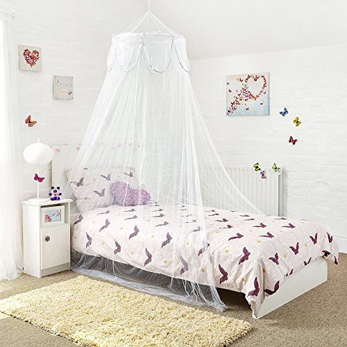 Mosquito Nets 4 U Bed Canopy with Decorative Silver Binding, White