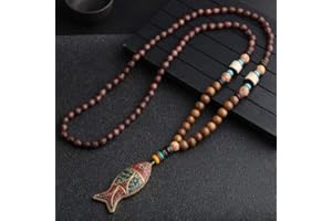 HXSCOO Collana Vintage Fatta a Mano in Nepal, Buddista Mala, Perline di Legno, Ciondolo e Collana Etnica con Corno e Pesce, Gioielli Lunghi da Donna e Uomo (Color : Style2)