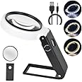 Bysameyee Magnifying Glasses with Light and Stand, 10X 25X Handheld Lighted Magnifier, Large Standing Magnifying Glass with 32 LED Lights for Close Work Coin Stamp Collection