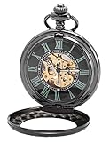 EASTPOLE Unisex Retro Automatik Mechanische Taschenuhr R?mische Ziffern Skelett Uhr mit Kette und Geschenkbox WPK200