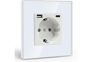 BSEED Jordat vägguttag med USB (max. 2,1 A), USB C-port, infällt uttag, vitt glas, skyddskontaktuttag, perfekt för laddning a
