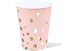 ZVK Gobelets en papier jetables, 12 Gobelets 250ml Rose avec à pois dorés, Gobelets de fête pour boissons chaudes ou froides, Yogourt, eau citronnée, jus de fruits
