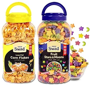 Swad Fruit Stars N Moons & Corn Flakes (Multigrain Froot Loop High Fibre Cereal) 2 Jars, 595 g