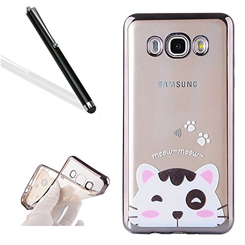 Galaxy J7 2016 Case Cover with Free Black Stylus Pen,Leeook Luxury Elegant Beautiful Cool Cute Cat Electroplate Plating Frame Crystal Soft Gel Silicone TPU Case Cover Bumper for Samsung Galaxy J7 2016