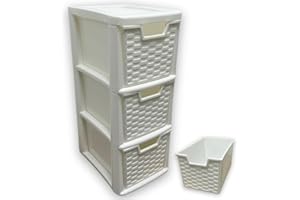 SIDSONS 3 Tier Rattan Drawers - Multipurpose Storage Organization, Modular Medium Storage Tower For Home, Office, Garage, White Desktop Drawer, Rattan Effect 48cm Height x 25cm Depth x 19cm Width (1)