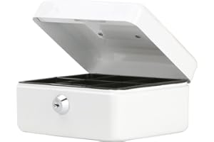 Small Cash Box with Key Lock, Parrency Portable Metal Money Box with Double Layer & 2 Keys for Security, 6 1/5" x 5" x 3", White