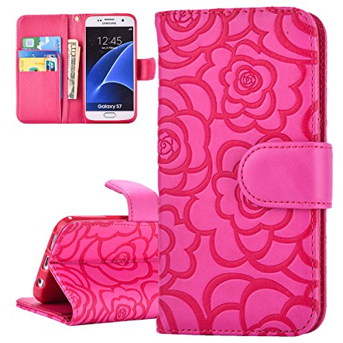 ISAKEN Samsung Galaxy S7 Edge Case,Wallet Case for Galaxy S7 Edge in Solid Color, Rose Flower Design PU Leather Magnetic Flip Wallet Case Pure Brown Cell Phone Case mobile Cover Protect Skin with Credit Card Slot Stand Stander Holder for Samsung Galaxy S7 Edge - Rose: rose red