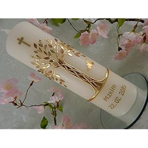 Taufkerze Baum des Lebens gold handmade Taufkerzen Junge Mädchen 250/70 mm mit Name und Datum