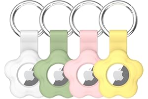 Alsukeay Lot de 4 étuis de Protection en Fleur Silicone pour AirTag avec Porte-clés - Compatible avec AirTag Tracker pour Portefeuille Sacs à Dos Bagages Chien Chat (Blanc/Verte/Rose/Jaune)