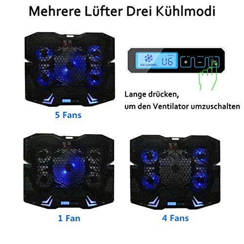 MECO Laptop Kühler, 5 Lüftern, 2 USB Port, 5 Verstellbarer Winkel, Windgeschwindigkeitanzeige ,Geeignet Für Laptop 10-15,6 Zoll und Unter (CP-R2) Kühlkörper - 8