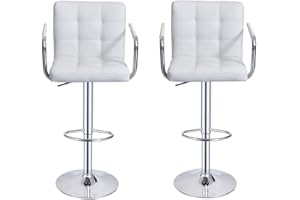Panana Lot de 2 Tabourets de Bar, Chaises Haut, Hauteur Réglable, Revêtement en PU, Rotatif sur 360°, avec Accoudoirs, Dossier et Repose-Pieds, Pied Chromé (Blanc)