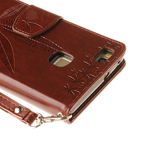 Huawei P9 Lite Hülle,Cozy Hut Bunte Retro Ahornblatt Muster Druck Buch-Stil Bookstyle Flip Magnetverschluss Brieftasche Geldbörse Wallet Kreditkarte ID Card Slots PU Leder Beschützer Haut Schutzfolie Schutzhüllen Case Tasche Hülle Etui Schale Ständer Hülle Case mit Weich TPU Innere Hülle Case für Huawei P9 Lite (5,2 Zoll) – Brown-Ahornblätter - 5