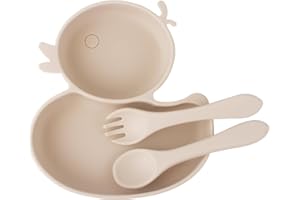 nohlerlife Piatto con ventosa per bambini, in silicone, per lo svezzamento, forte ventosa, con forchetta e cucchiaio, senza BPA (beige)