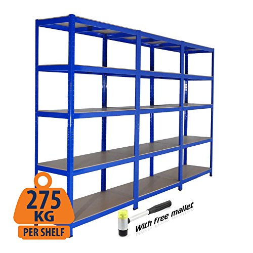 3 Bay Stahl-Regalen Garage Racking 275 kg pro Regal (5 Ebenen 1800 mm H x 900 mm W x 300 mm D) mit gratis Gummihammer